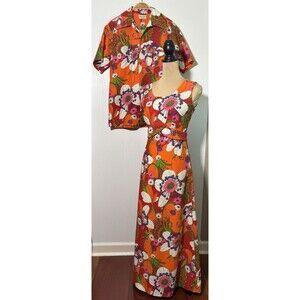 Vintage 60s 70s Hawaiian Honeymoon Set Orange Purple Floral Matching His Hers